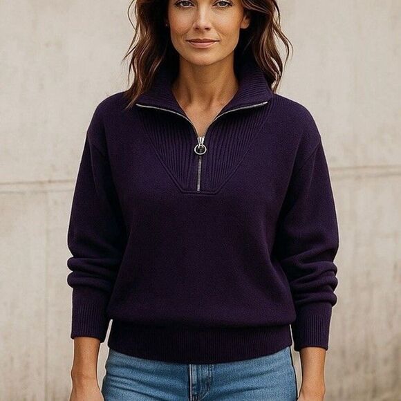 The Reset R Label Wool Cashmere Sweater M Purple Quarter Zip Quiet Luxury Preppy - Picture 1 of 10